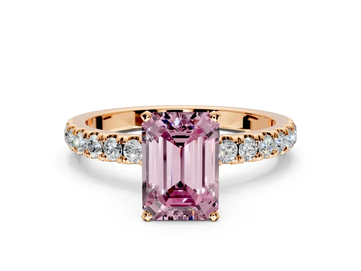 Open Basket Engagement Ring Setting for Fancy Pink Emerald Cut Center with Pave Band and Prong Head in Rose Gold