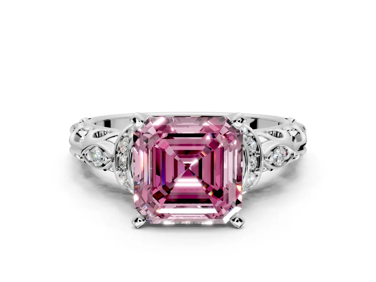 Solitaire Engagement Ring Setting for Fancy Pink Asscher Cut Center with Filigree Band and Prong Head in Platinum