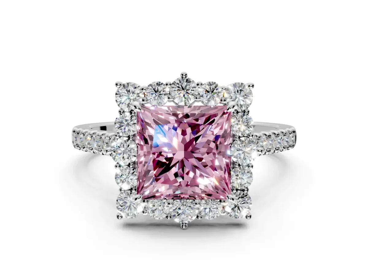 Halo Engagement Ring Setting for Fancy Pink Princess Cut Center with Single-Row Pave, Open Basket and Prong Head in Sterling Silver