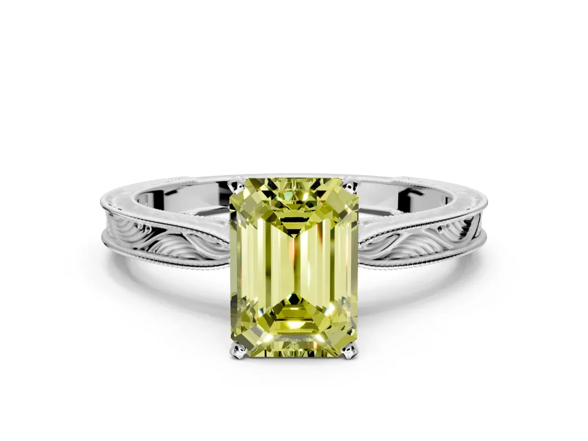 Solitaire Engagement Ring Setting for Fancy Yellow Emerald Cut Center with Engraved Milgrain Band and Prong Head in Platinum