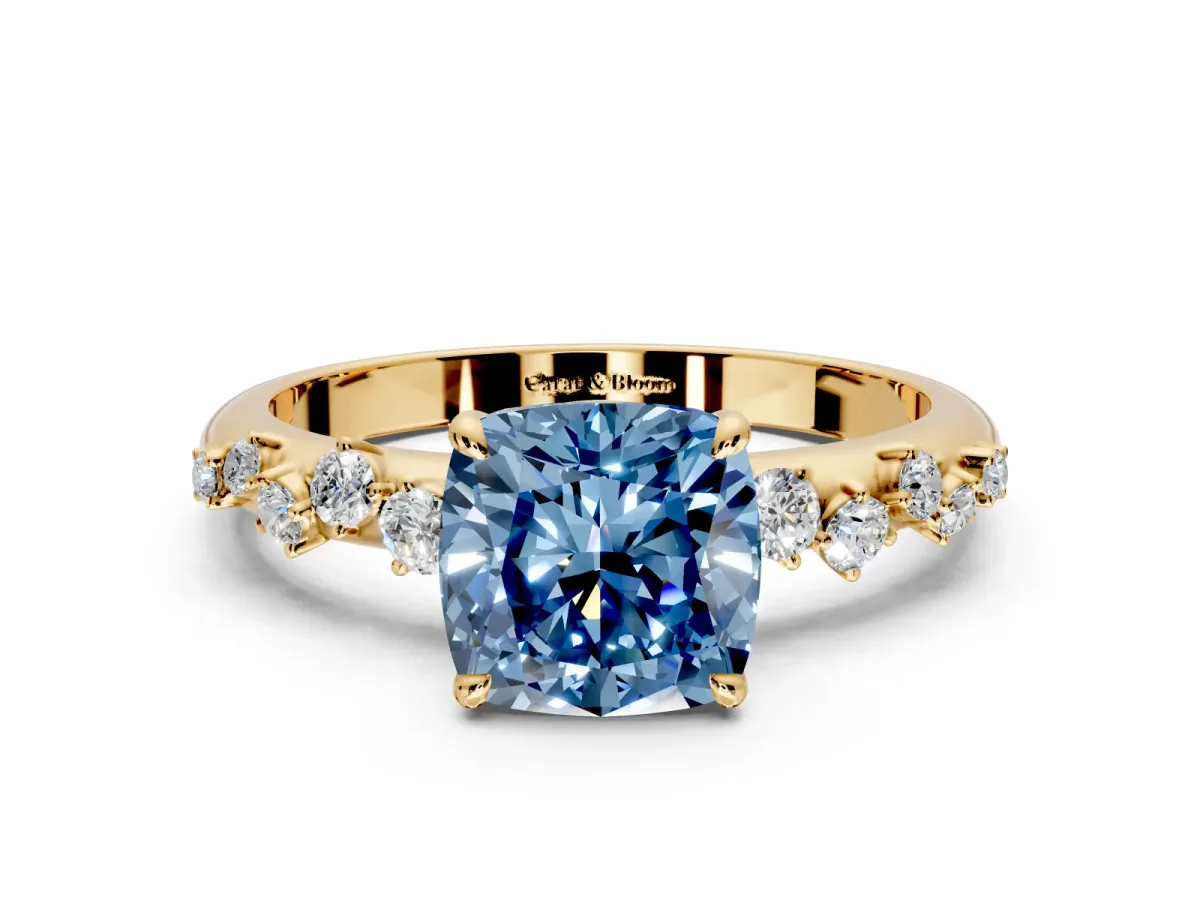 Cluster Engagement Ring Setting for Fancy Blue Cushion Cut Center with Round Cut Accent Band and Prong Head in Yellow Gold