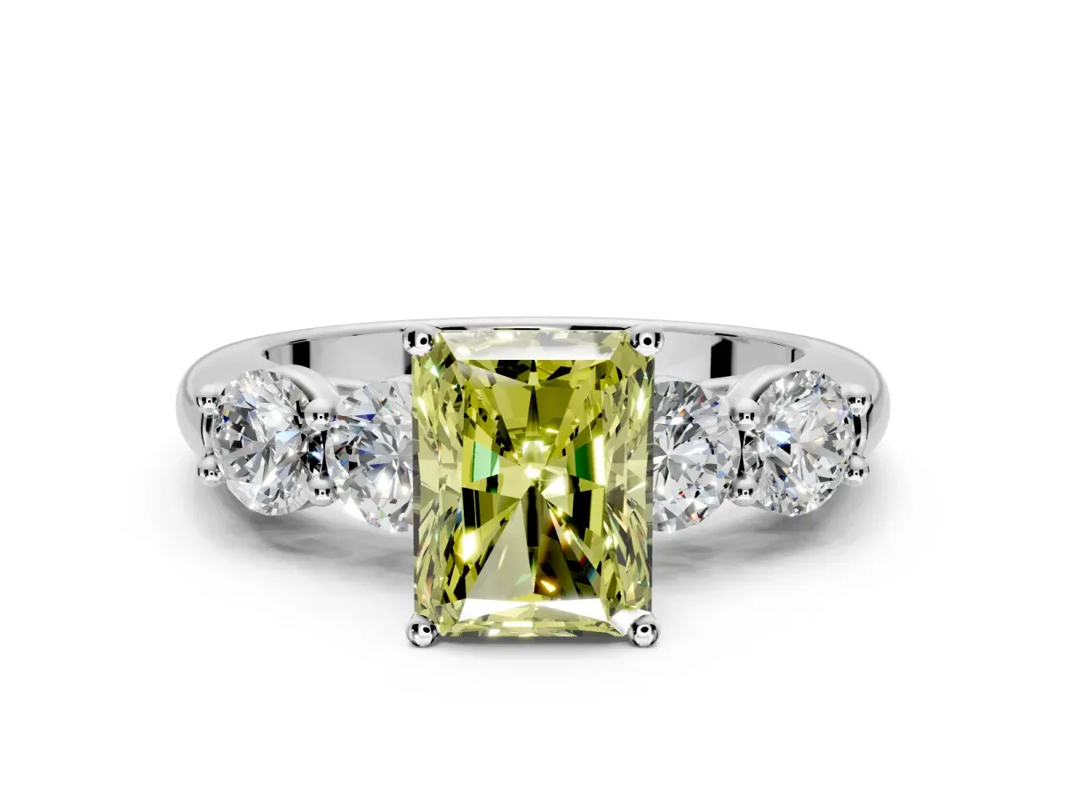 5 Stone Engagement Ring Setting for Fancy Yellow Radiant Cut Center with Graduated Accents and Prong Head in White Gold