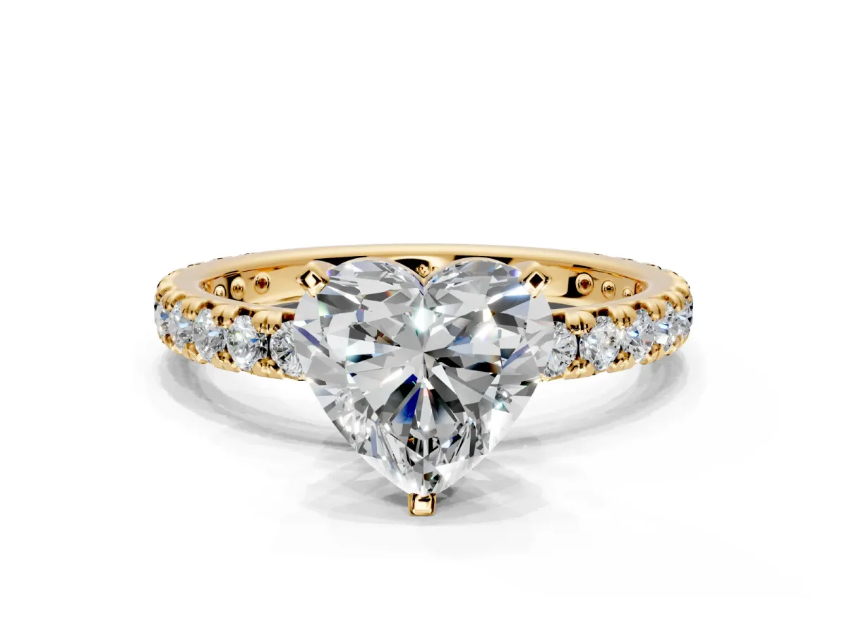 Solitaire Engagement Ring Setting for Heart-Shaped Center with Shared-Prong Accents and Prong Head in Yellow Gold