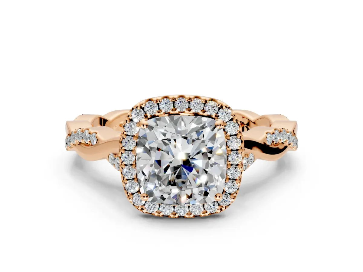 Halo Engagement Ring Setting for Cushion Cut Center with Twist Band and Prong Head in Rose Gold