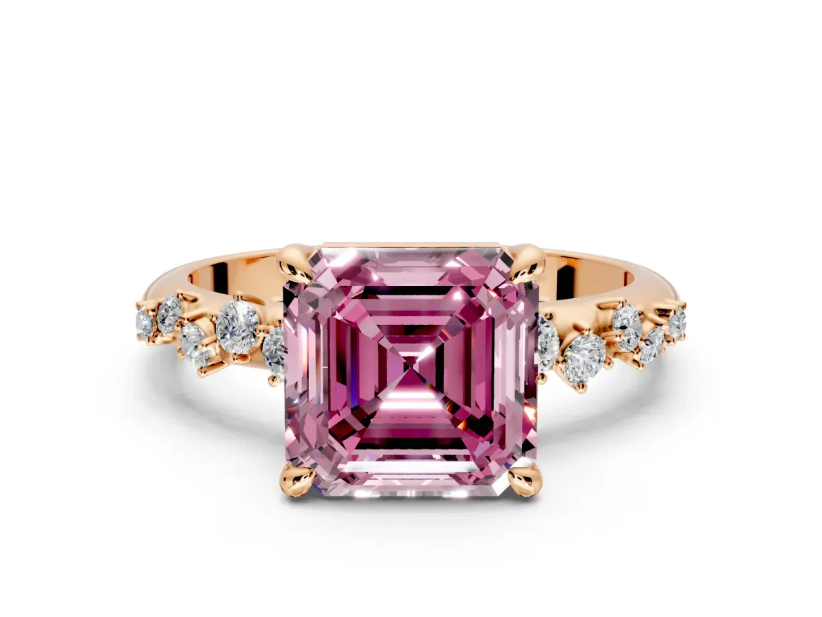 Solitaire Engagement Ring Setting for Fancy Pink Asscher Cut Center with Trailing Leaf Accent Band and Prong Head in Rose Gold
