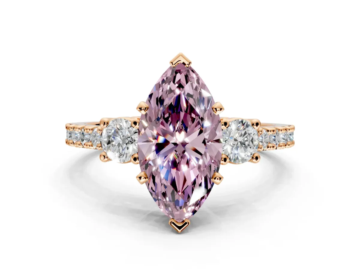 3 Stone Engagement Ring Setting for Fancy Pink Marquise Center with Round Cut Side Accents and Prong Head in Rose Gold