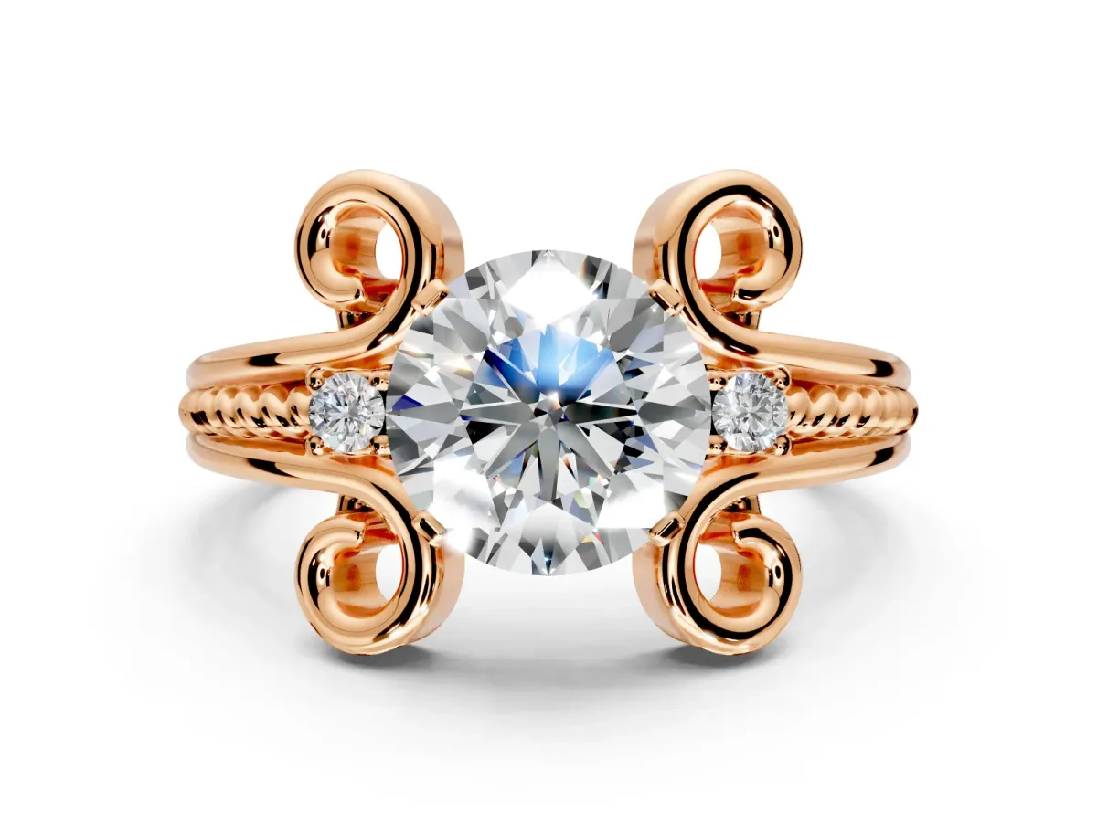Solitaire Engagement Ring Setting for Round Cut Center with Twisted Band and Scroll Prong Head in Rose Gold