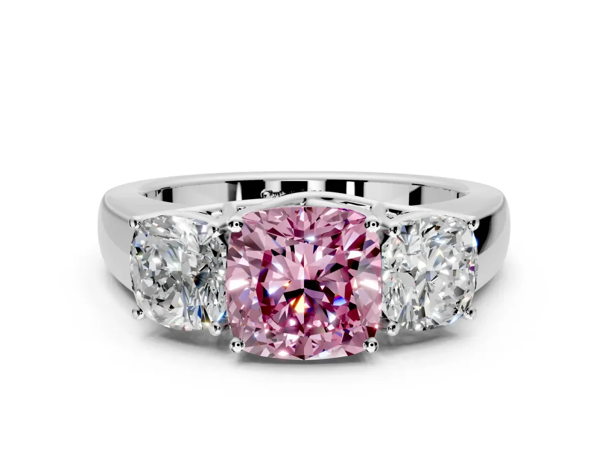 3 Stone Engagement Ring Setting for Fancy Pink Cushion Cut Center with Raised Basket Heads and Prong Head in White Gold