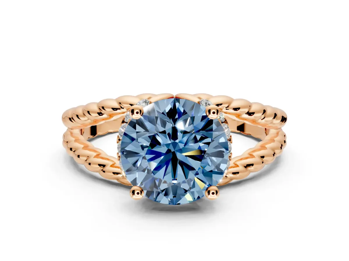 Halo Engagement Ring Setting for Fancy Blue Round Cut Center with Rope Twist Split Shank and Prong Head in Rose Gold