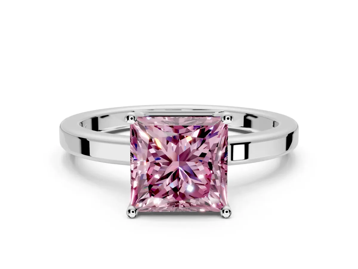 Hidden Halo Engagement Ring Setting for Fancy Pink Princess Cut Center with Wide Flat Plain Band and Prong Head in White Gold