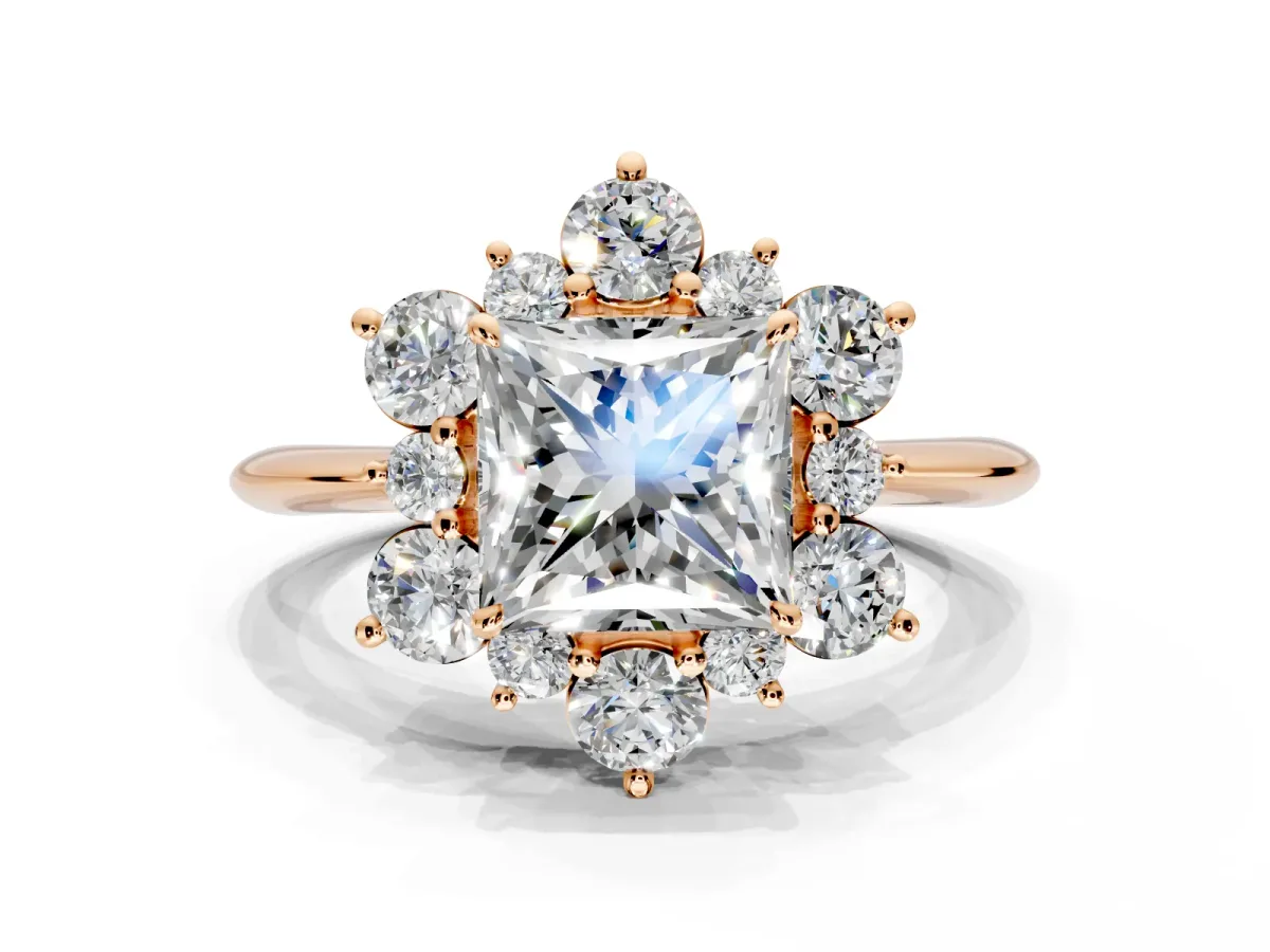 Small-Accent Cluster Halo Engagement Ring Setting for Princess Cut Center with Plain Band and Prong Head in Rose Gold