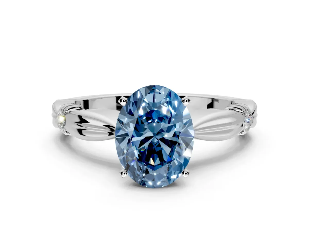 Solitaire Engagement Ring Setting for Fancy Blue Oval Center with Carved Leaf Shoulders and Prong Head in Platinum