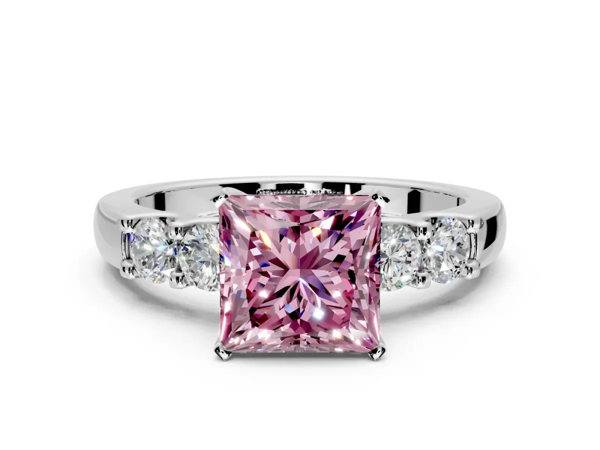 5 Stone Engagement Ring Setting for Fancy Pink Princess Cut Center with Plain Band and Prong Head in Sterling Silver
