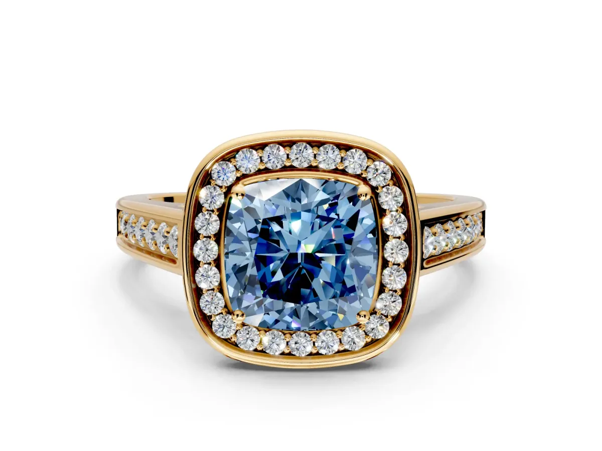 Halo Engagement Ring Setting for Fancy Blue Cushion Cut Center with Outer Bezel Rim, Pave Band and Prong Head in Yellow Gold