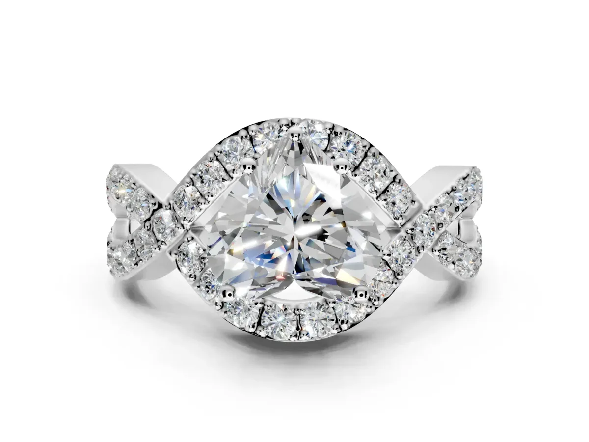 Halo Engagement Ring Setting for Heart-Shaped Center with Pave Infinity Twist Band and Prong Head in Platinum