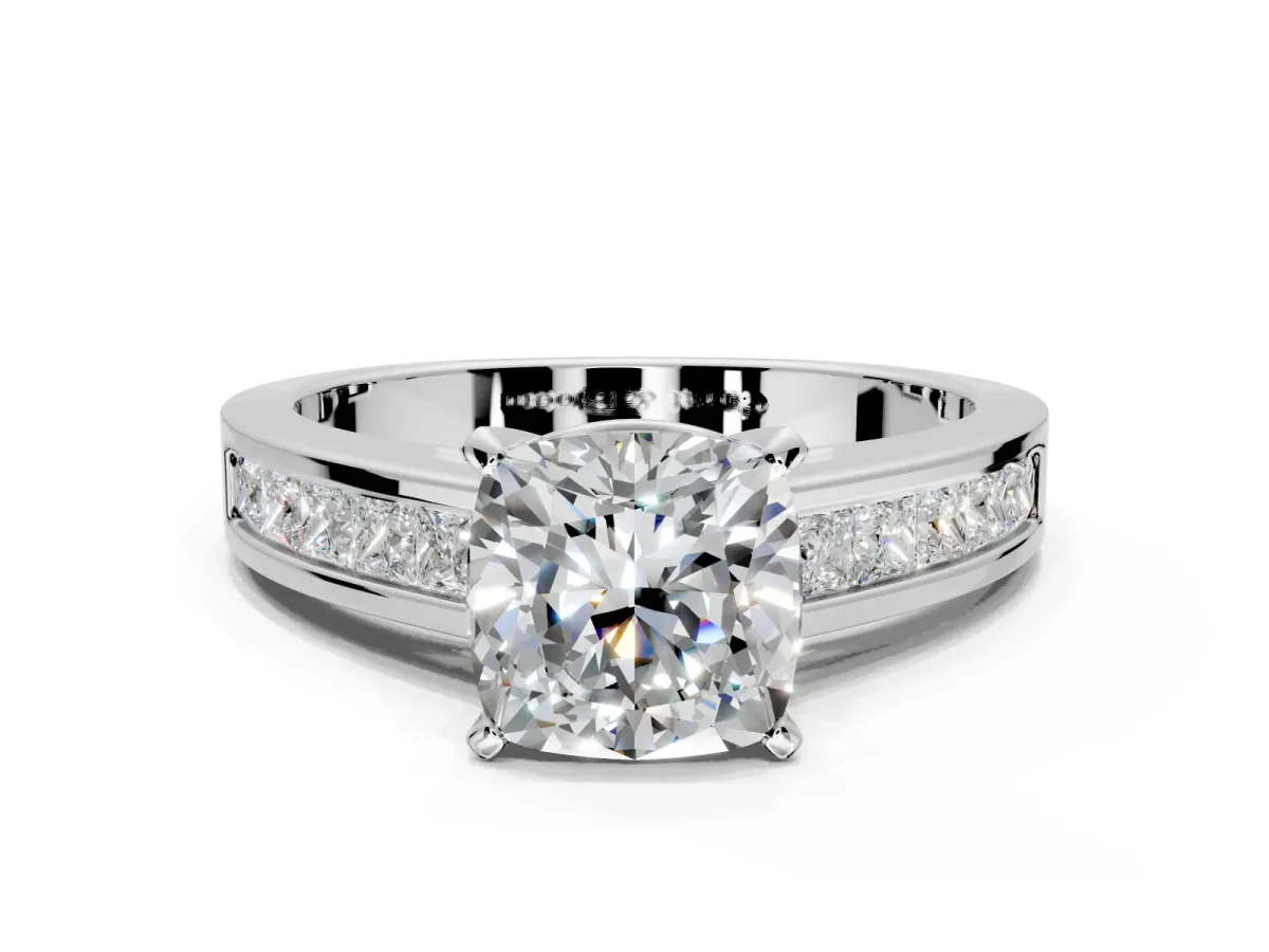 Solitaire Engagement Ring Setting for Cushion Cut Center with Princess Cut Channel Band and Prong Head in Platinum