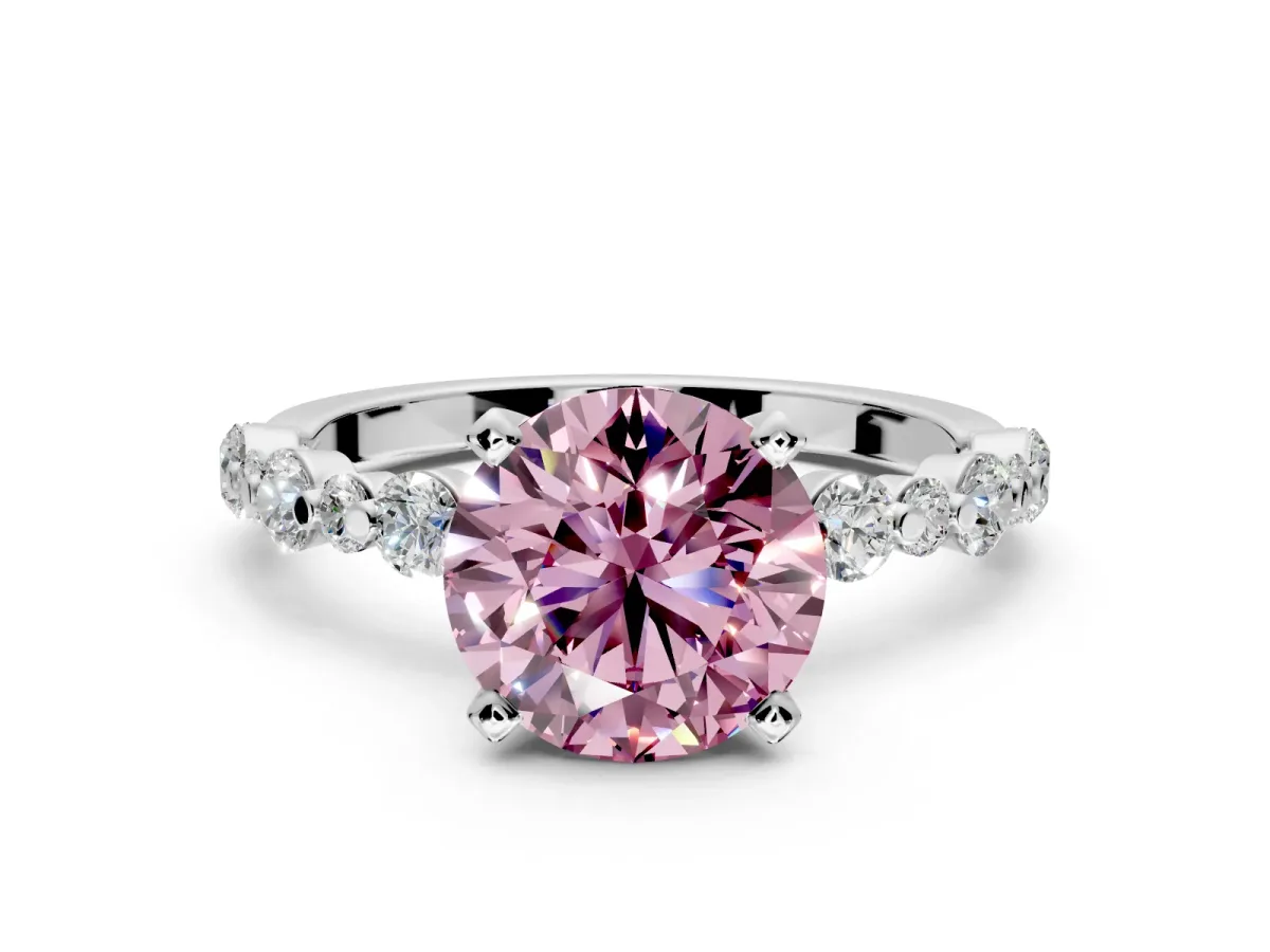 Solitaire Engagement Ring Setting for Fancy Pink Round Cut Center with Alternating Size Accents and Prong Head in Platinum