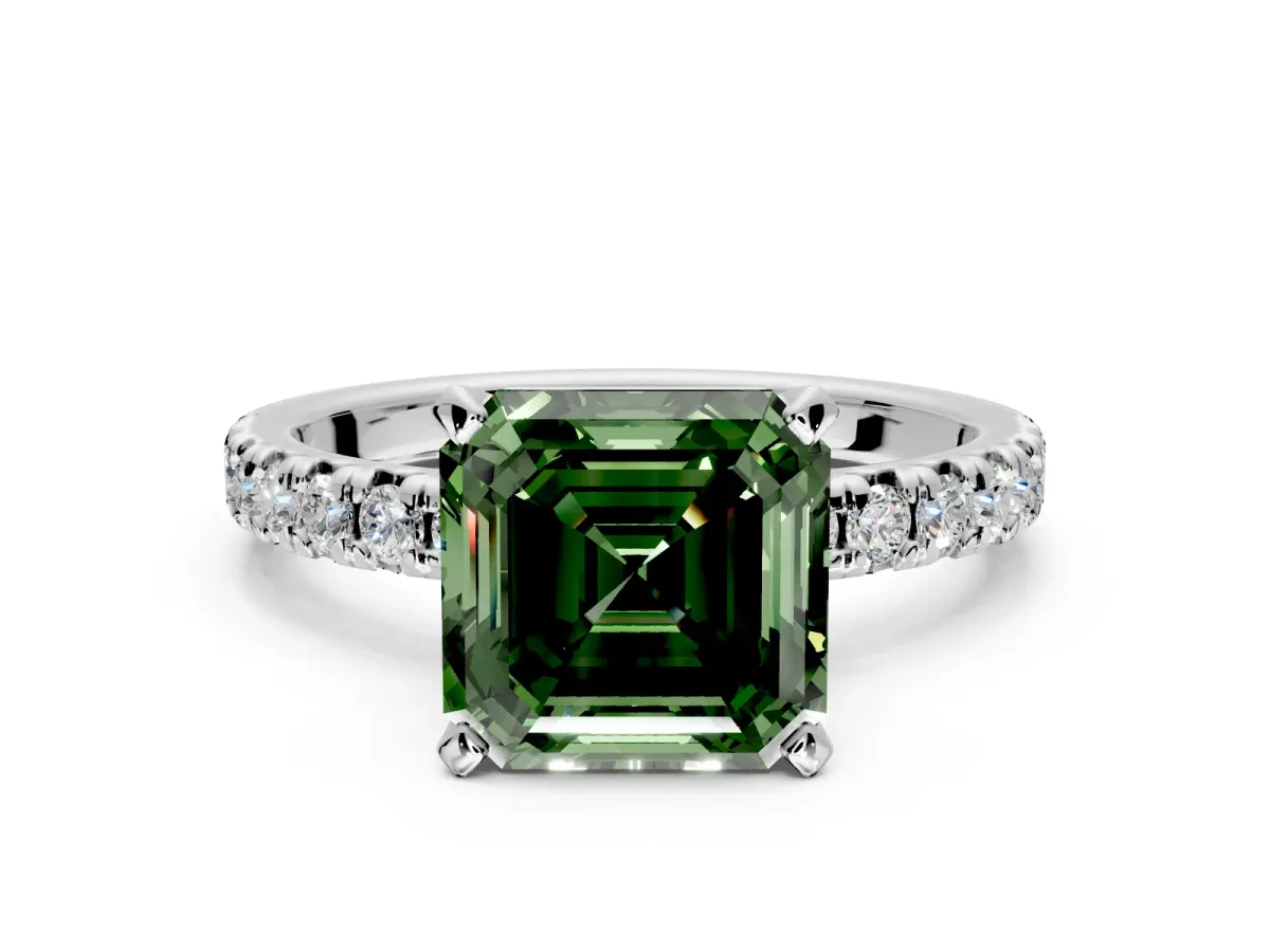 Solitaire Engagement Ring Setting for Fancy Green Asscher Cut Center with Large Accents and Prong Head in Sterling Silver