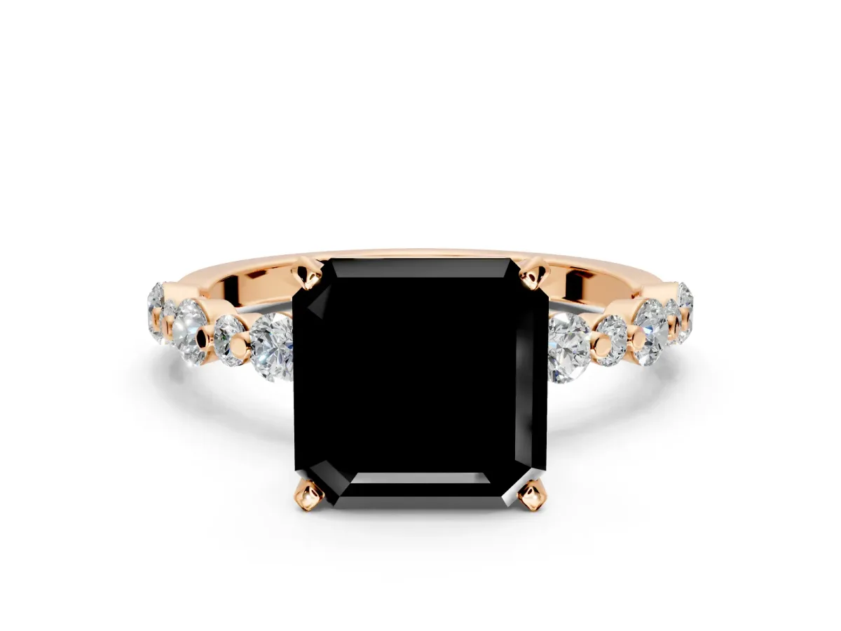 Solitaire Engagement Ring Setting for Fancy Black Asscher Cut Center with Alternating Size Accents and Prong Head in Rose Gold