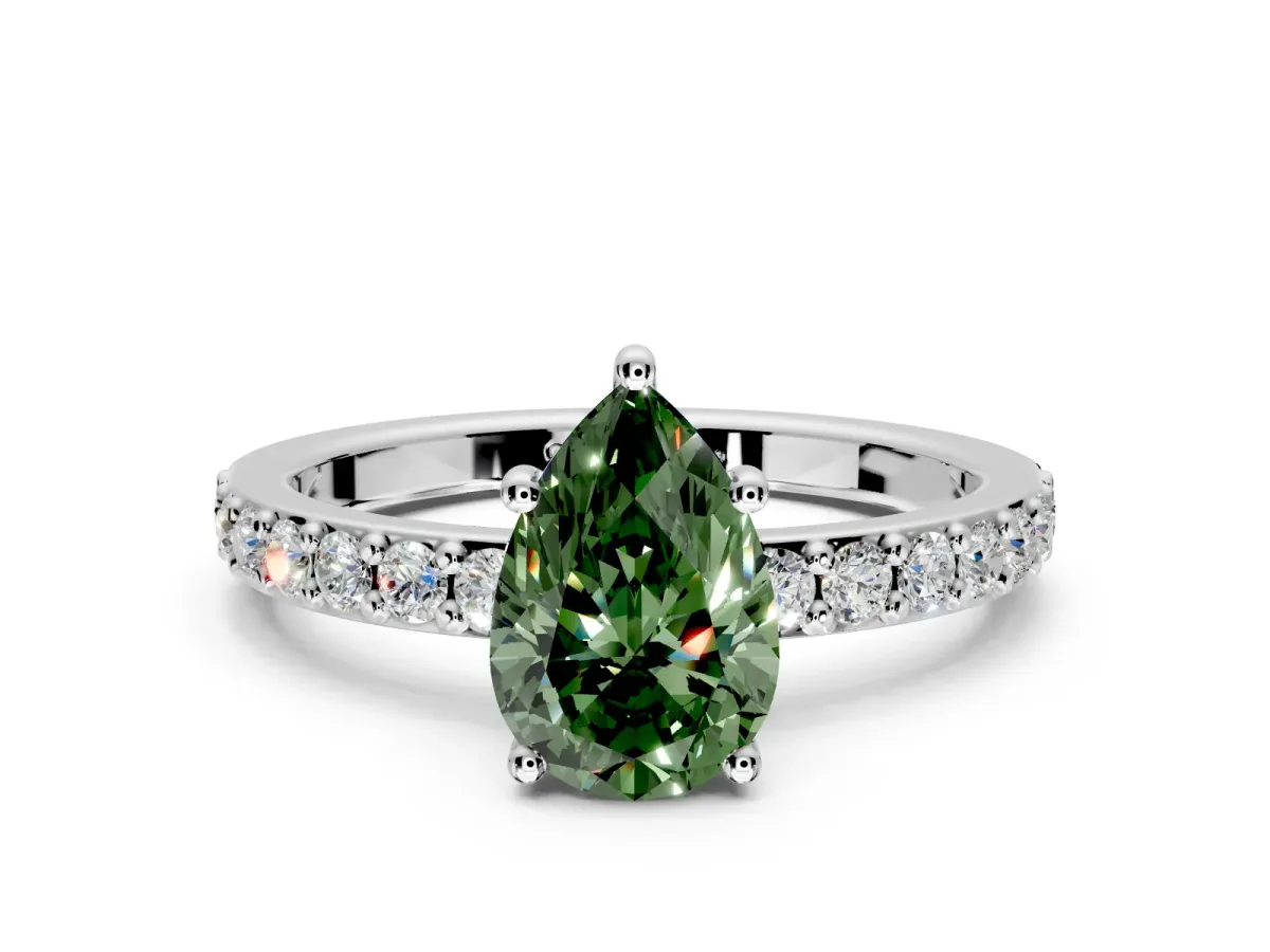 Solitaire Engagement Ring Setting for Fancy Green Pear-Shaped Center with Round Cut Pave Band and Prong Head in Platinum