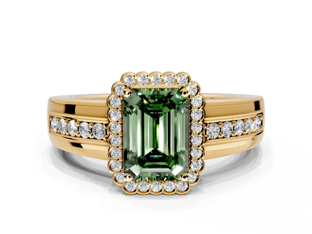 Halo Engagement Ring Setting for Fancy Green Emerald Cut Center with Wide Band, Inlaid Accent Row and Prong Head in Yellow Gold