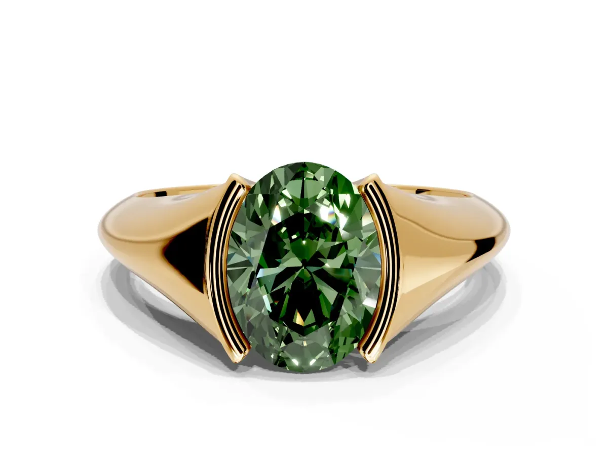 Tension Engagement Ring Setting for Fancy Green Oval Center with Wide Tapered Band and Tension Head in Yellow Gold