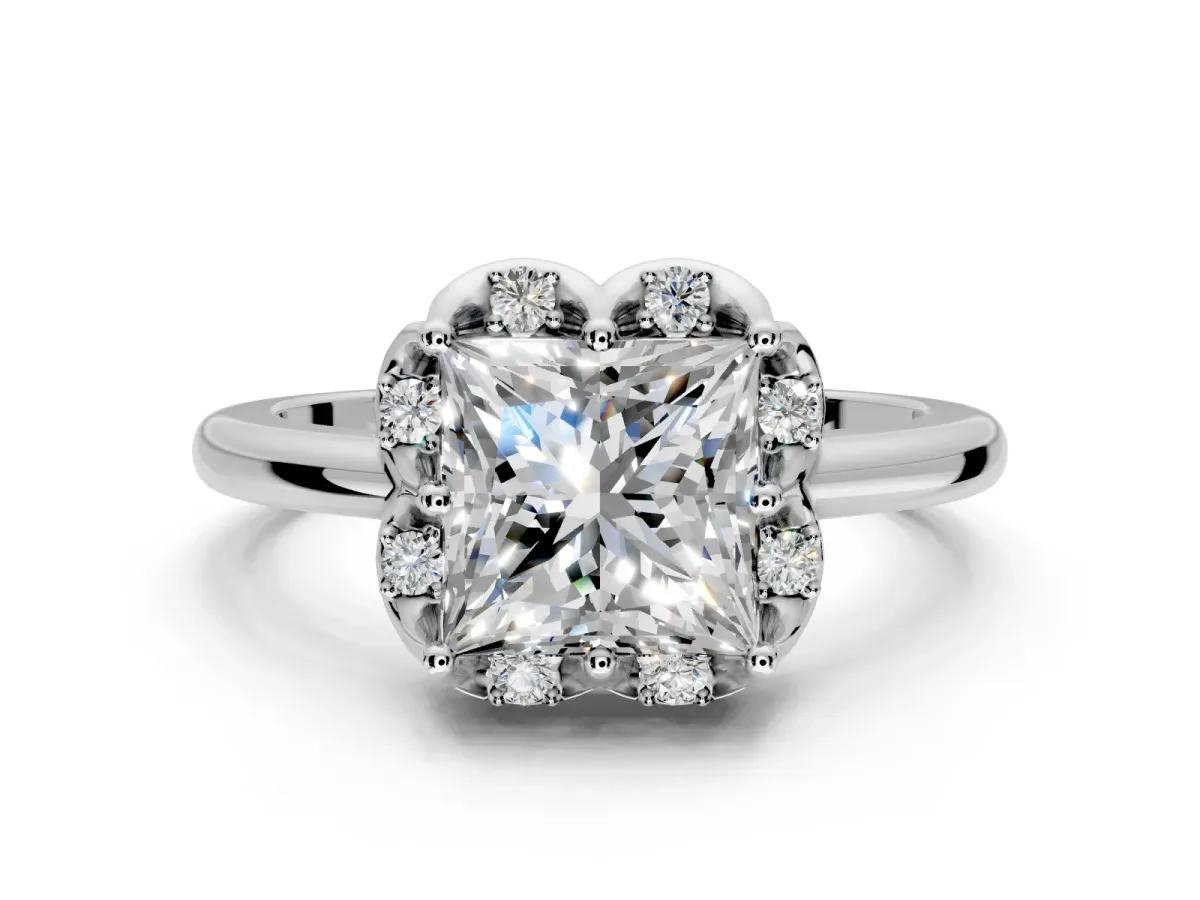 Floral Frame Engagement Ring Setting for Princess Cut Center with Accent Clusters and Prong Head in Sterling Silver