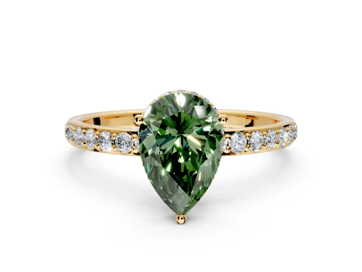 Hidden Halo Engagement Ring Setting for Fancy Green Pear-Shaped Center with Pave Band and Prong Head in Yellow Gold