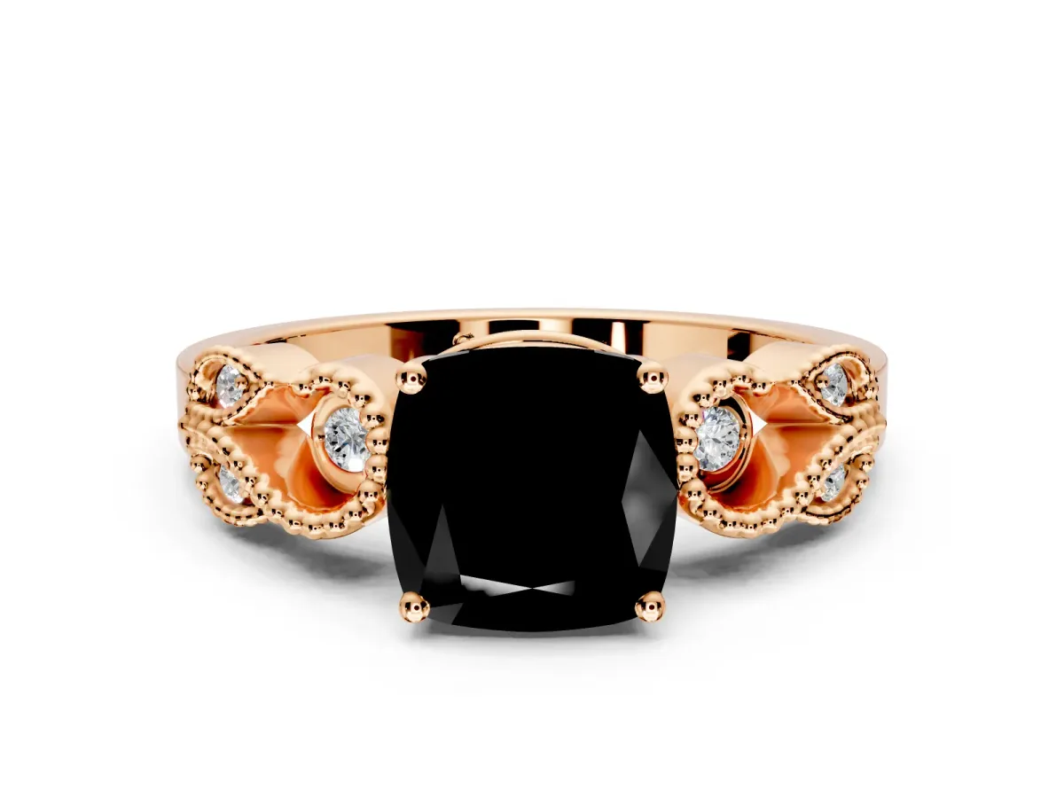 Leaf Engagement Ring Setting for Fancy Black Cushion Cut Center with Milgrain Accent Band and Prong Head in Rose Gold
