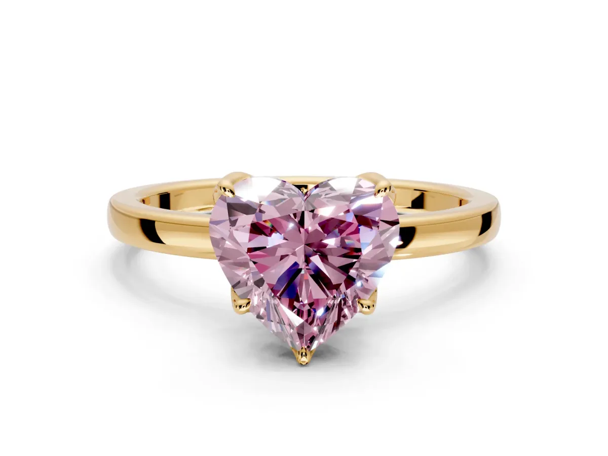 Solitaire Engagement Ring Setting for Fancy Pink Heart-Shaped Center with Thin Rounded Plain Band and Prong Head in Yellow Gold