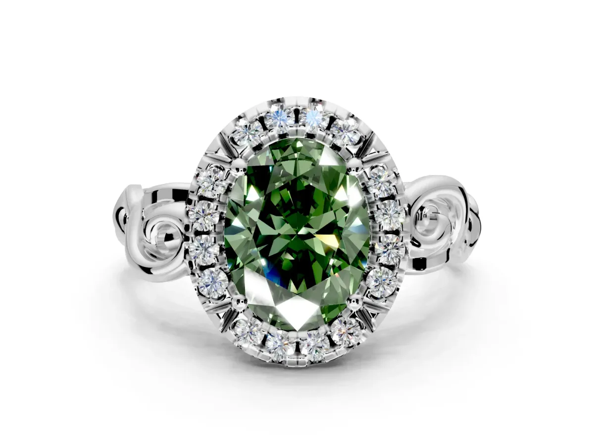Halo Engagement Ring Setting for Fancy Green Oval Center with Open Scroll Shoulders and Prong Head in Platinum