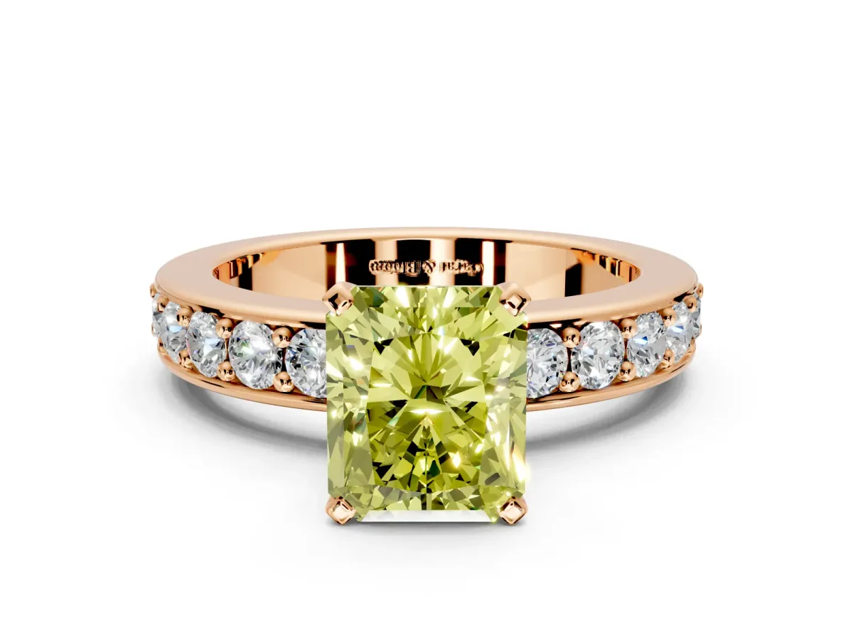 Solitaire Engagement Ring Setting for Fancy Yellow Radiant Cut Center with Channel-Set Accents and Prong Head in Rose Gold