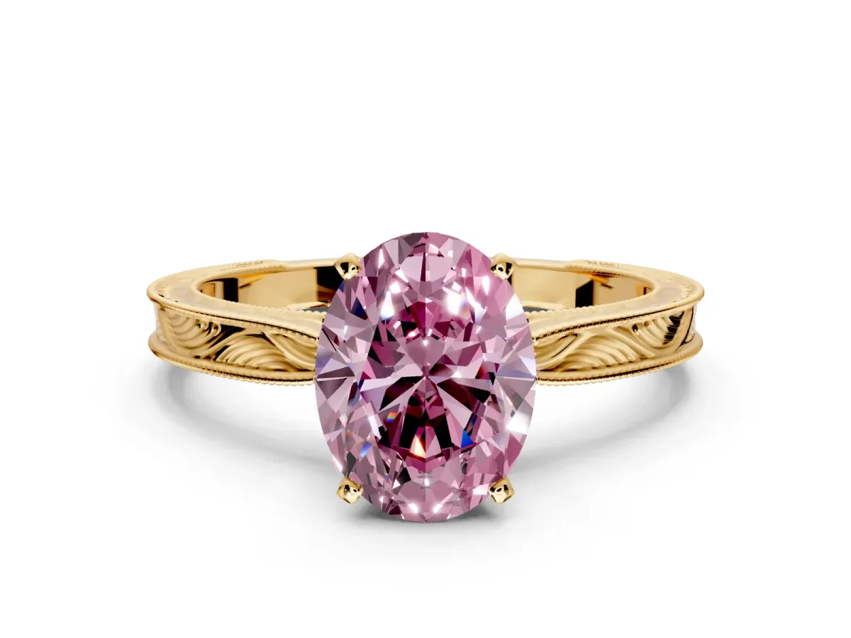 Solitaire Engagement Ring Setting for Fancy Pink Oval Center with Engraved Milgrain Band and Prong Head in Yellow Gold