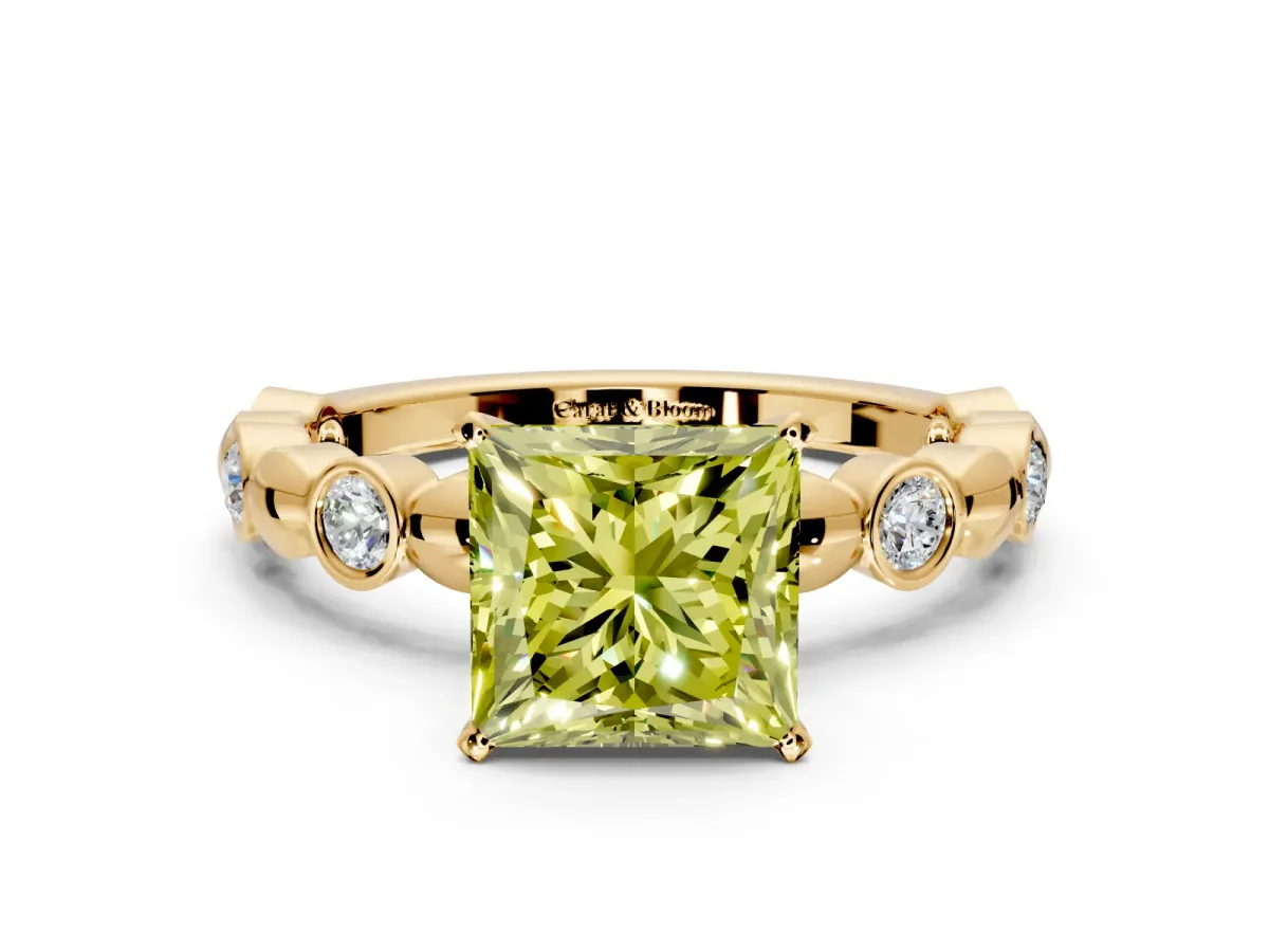 Solitaire Engagement Ring Setting for Fancy Yellow Princess Cut Center with Beaded Bezel Station Band and Prong Head in Yellow Gold