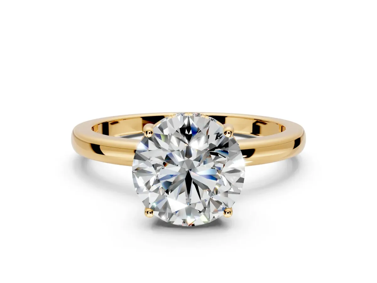Solitaire Engagement Ring Setting for Round Cut Center with Fine Wire Band and Prong Head in Yellow Gold