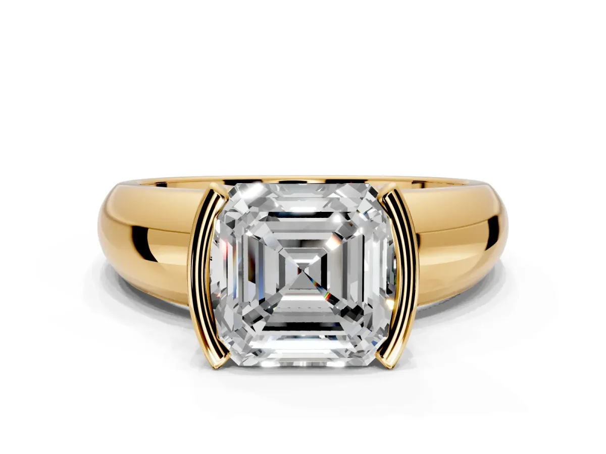 Tension Engagement Ring Setting for Asscher Cut Center with Wide Flat Band and Tension Head in Yellow Gold