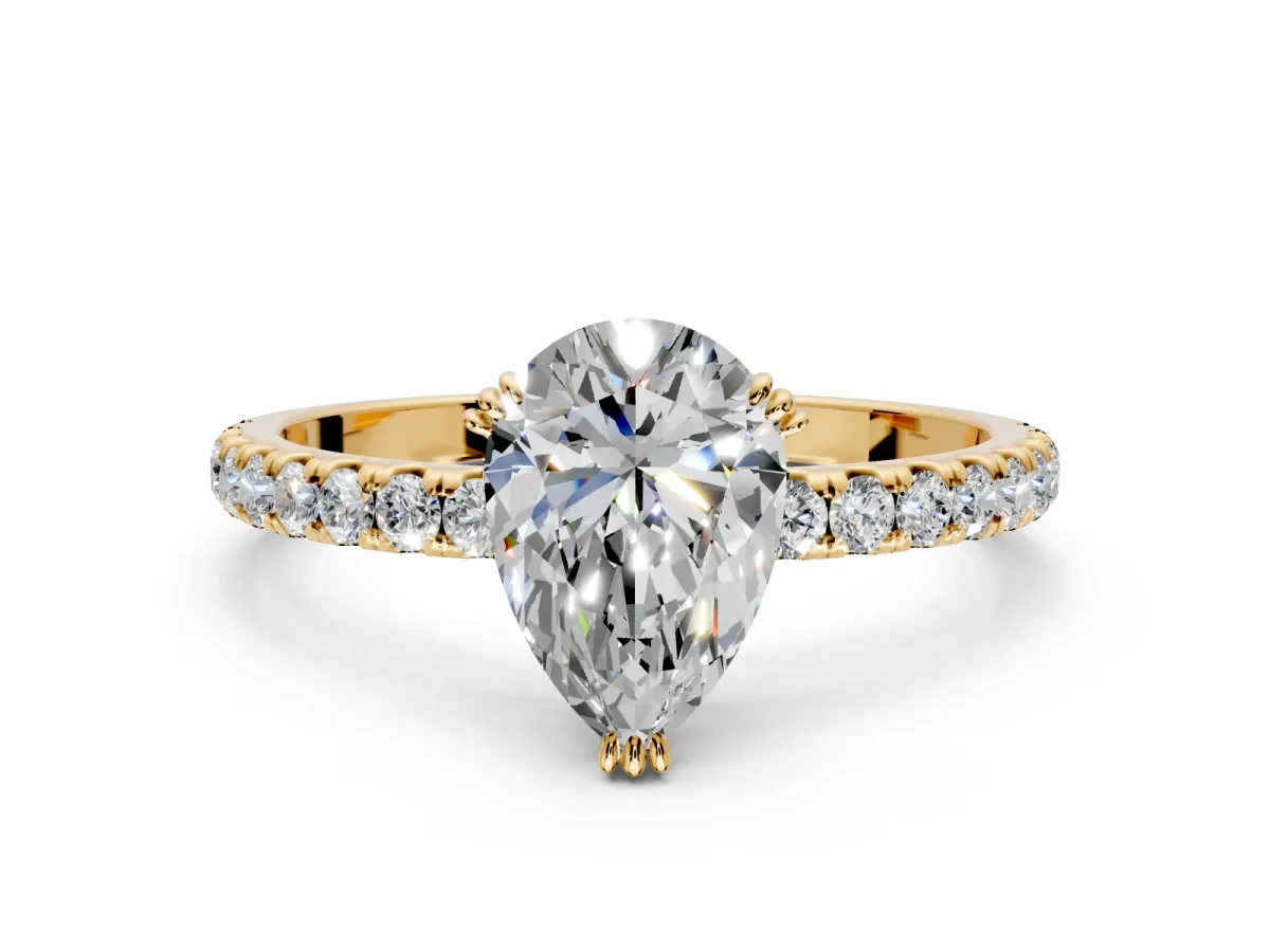 Solitaire Engagement Ring Setting for Pear-Shaped Center with Pave Band and Claw Prong Head in Yellow Gold