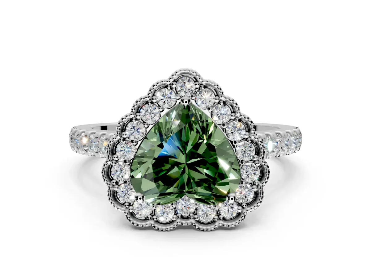 Milgrain Floral Halo Engagement Ring Setting for Fancy Green Heart-Shaped Center with Pave Band and Prong Head in Sterling Silver