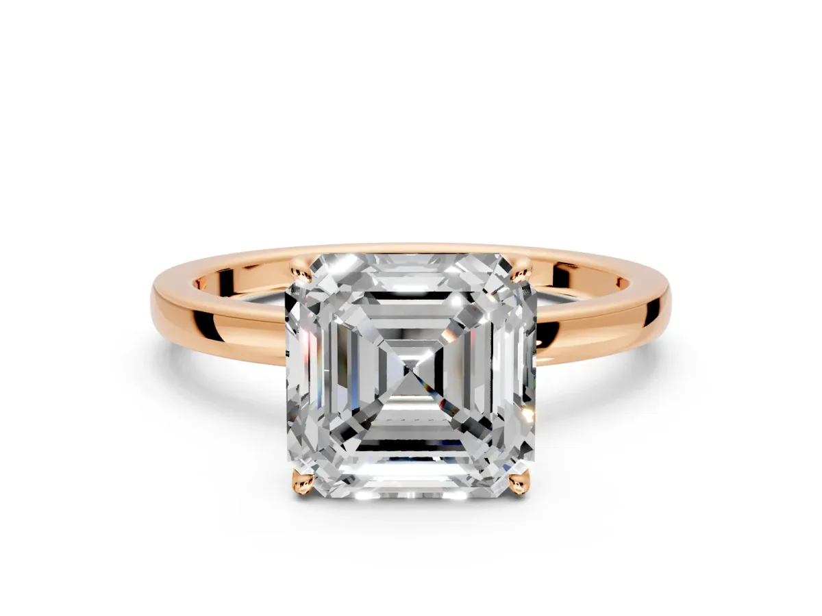 Solitaire Engagement Ring Setting for Asscher Cut Center with Thin Rounded Plain Band and Prong Head in Rose Gold