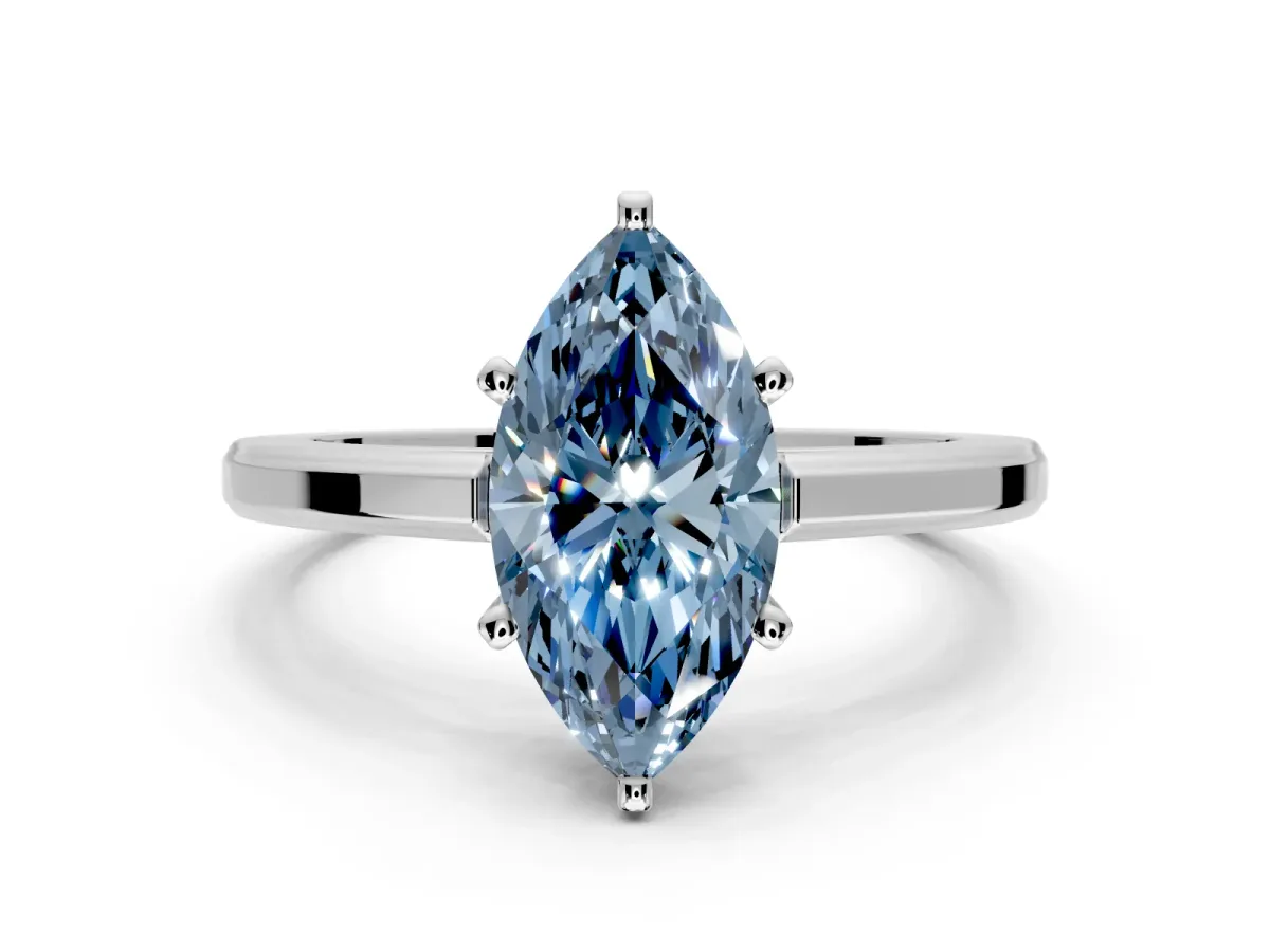 Solitaire Engagement Ring Setting for Fancy Blue Marquise Center with Flat-Sided Plain Band and Prong Head in White Gold