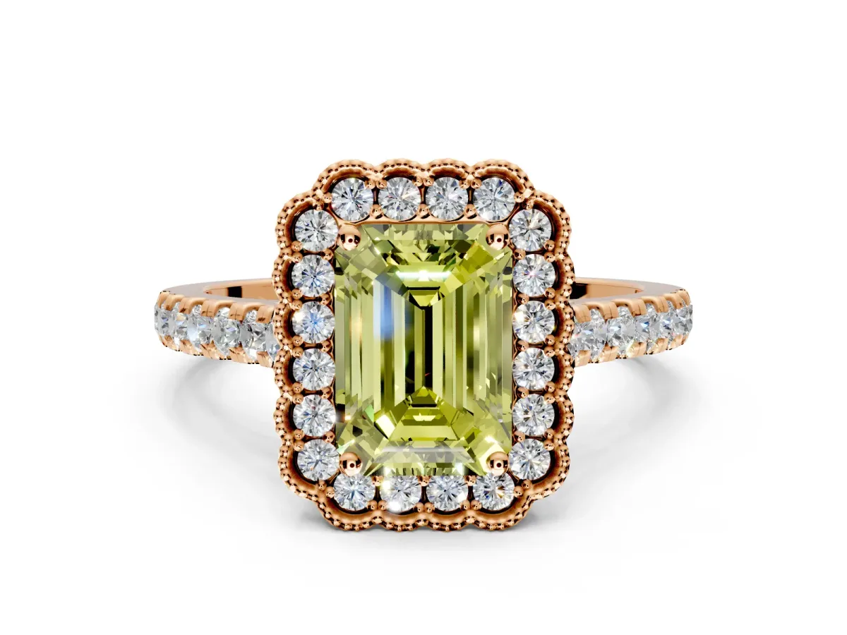 Milgrain Floral Halo Engagement Ring Setting for Fancy Yellow Emerald Cut Center with Pave Band and Prong Head in Rose Gold