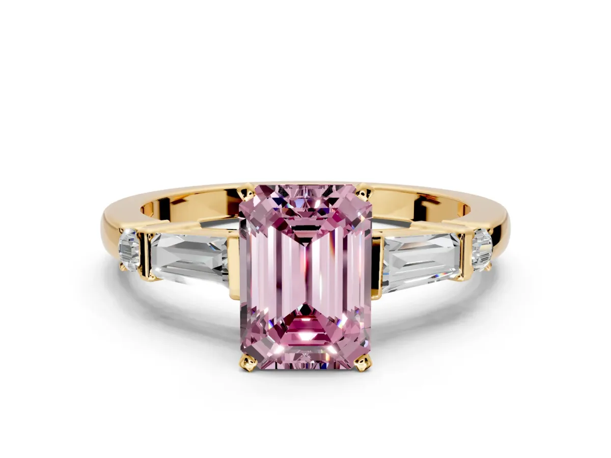 Bar-Set Engagement Ring Setting for Fancy Pink Emerald Cut Center with Tapered Baguette Accents and Prong Head in Yellow Gold