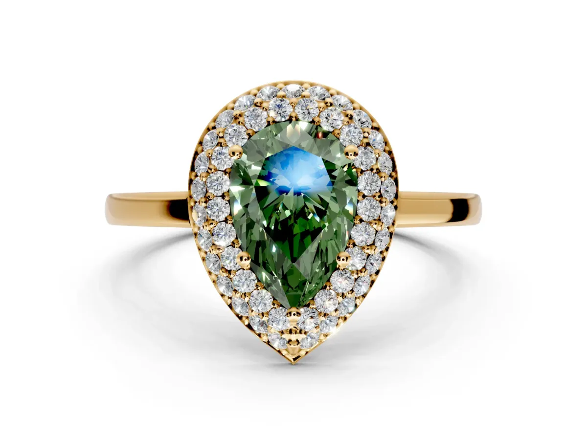 Halo Engagement Ring Setting for Fancy Green Pear-Shaped Center with Plain Tapered Band and Prong Head in Yellow Gold