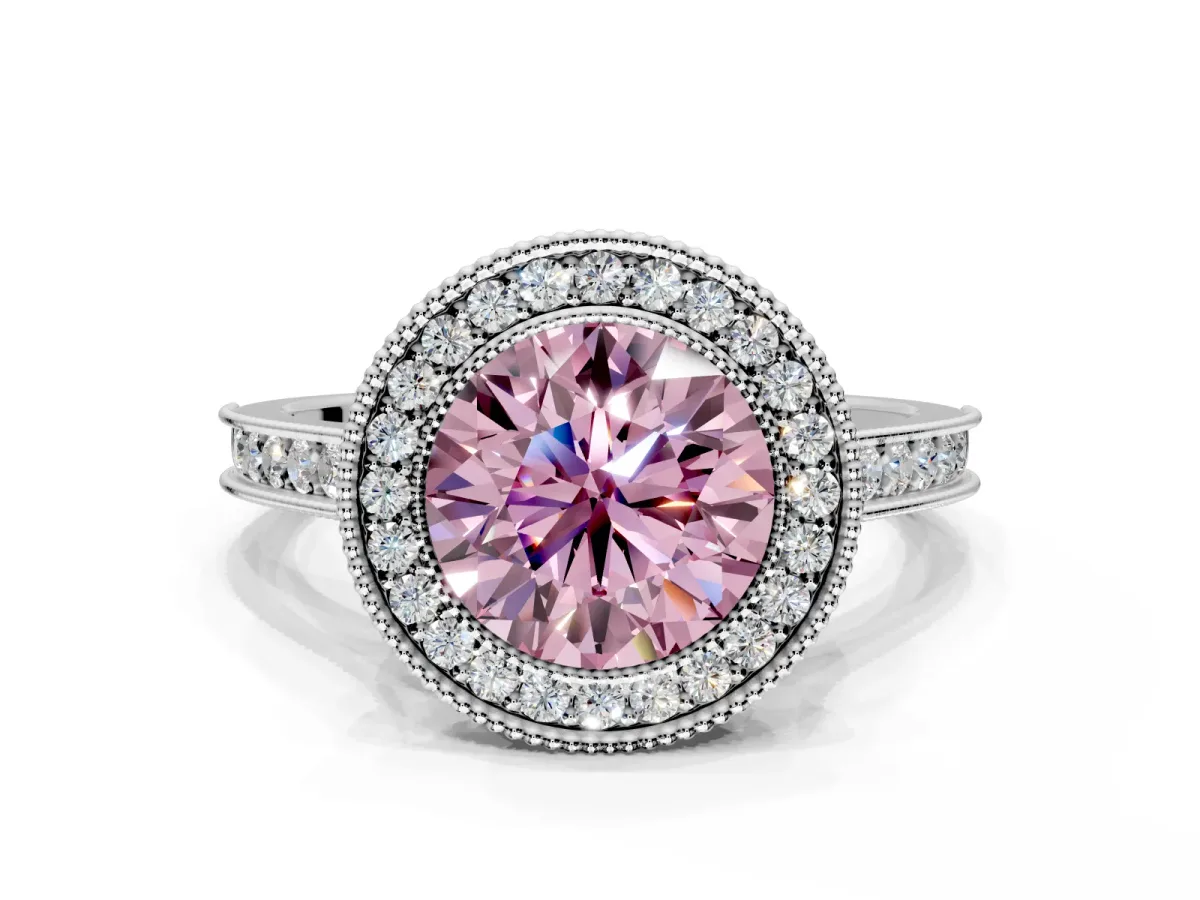 Halo Engagement Ring Setting for Fancy Pink Round Cut Center with Milgrain Pave Band and Bezel Head in Platinum