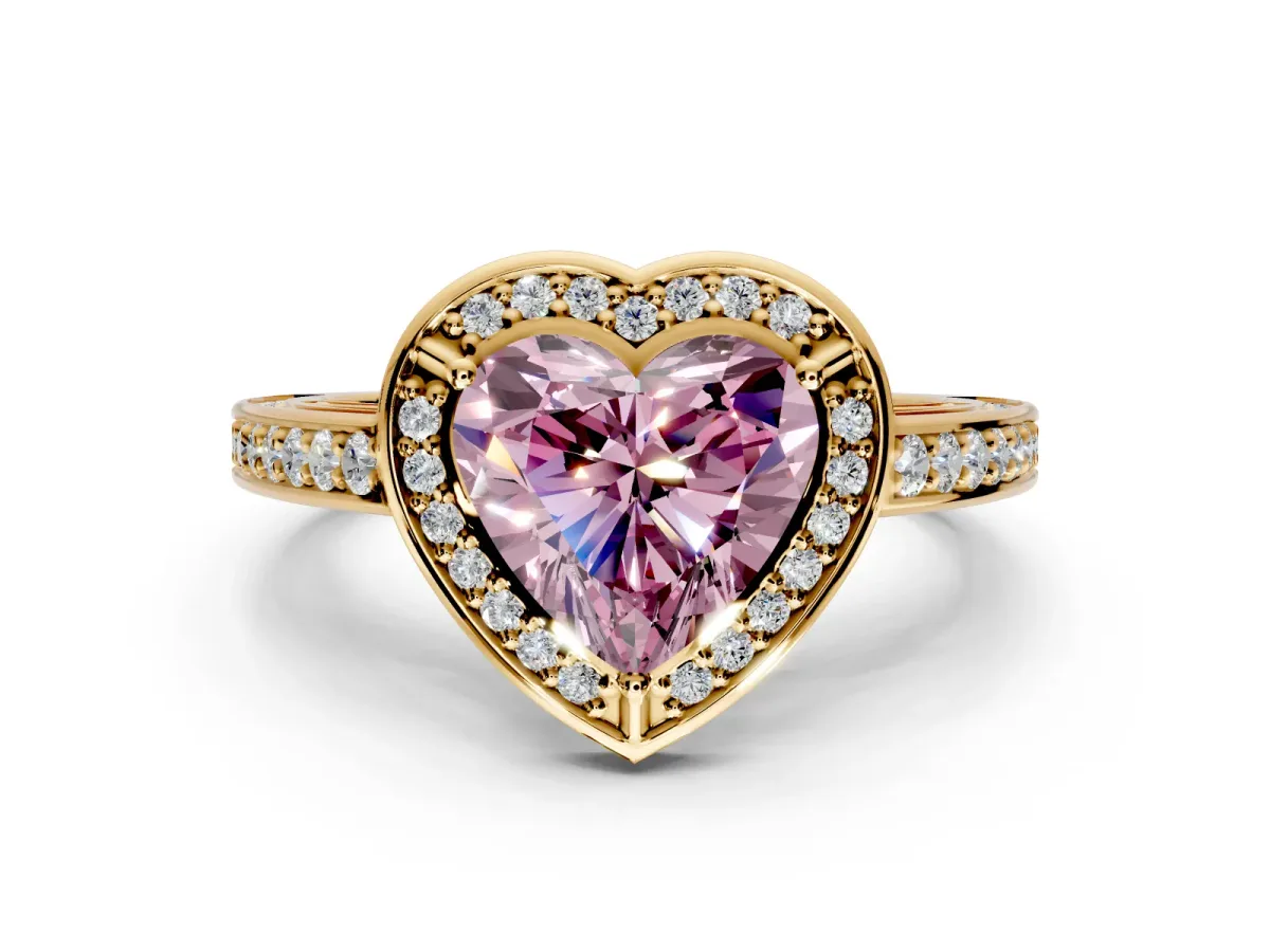 Halo Engagement Ring Setting for Fancy Pink Heart-Shaped Center with Framed Halo, Pave Band and Prong Head in Yellow Gold