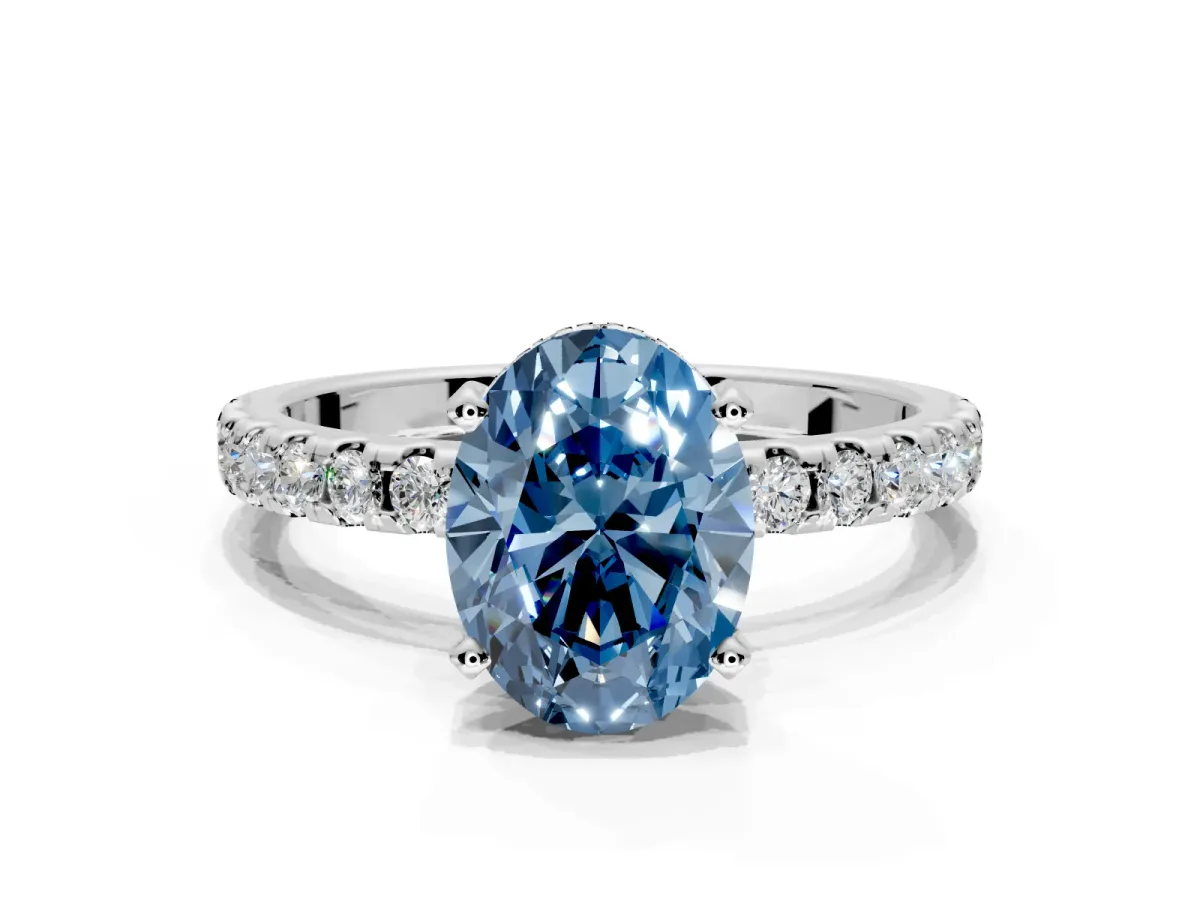 Solitaire Engagement Ring Setting for Fancy Blue Oval Center with Band of Accents and Prong Head in Sterling Silver
