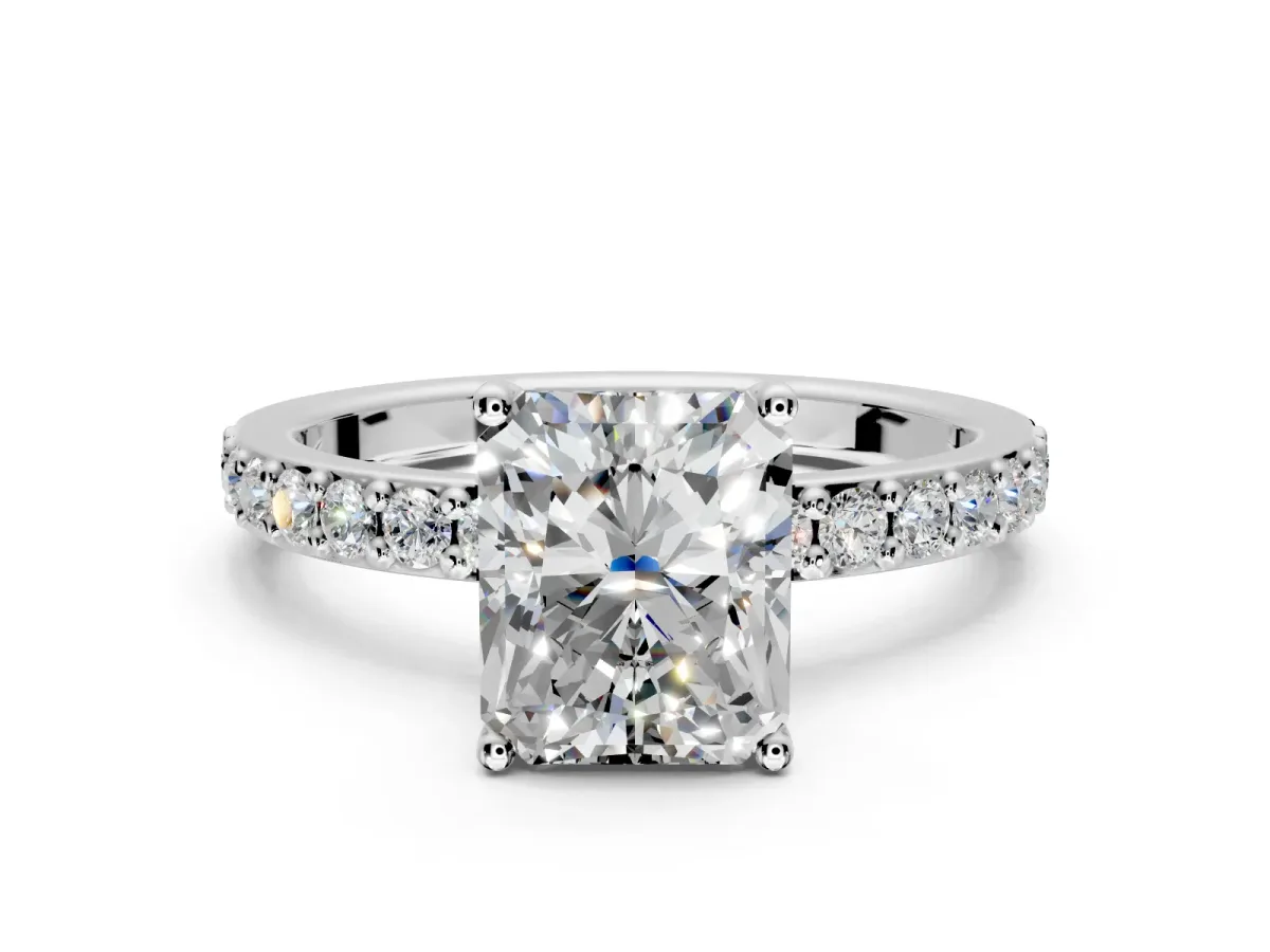 Solitaire Engagement Ring Setting for Radiant Cut Center with Round Cut Pave Band and Prong Head in Platinum