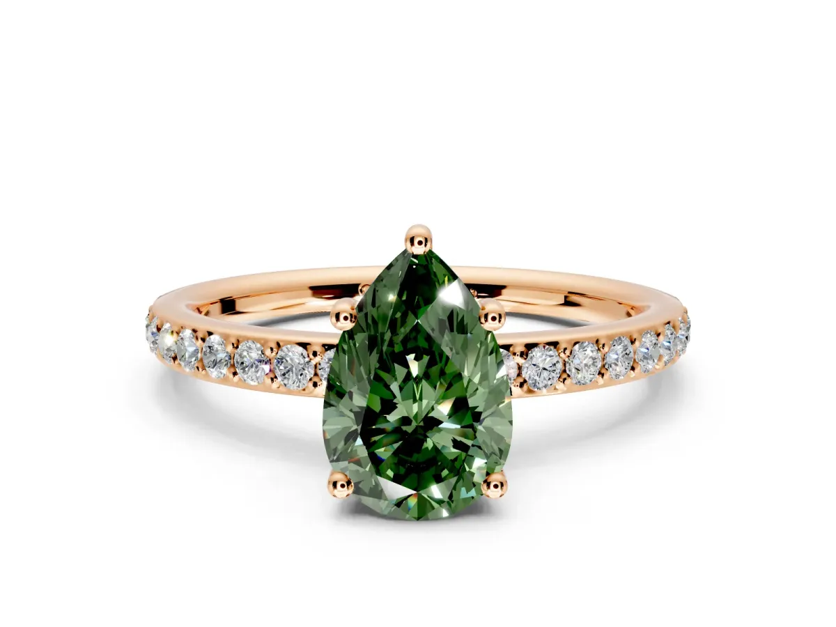 Solitaire Engagement Ring Setting for Fancy Green Pear-Shaped Center with Fine Pave Band and Prong Head in Rose Gold