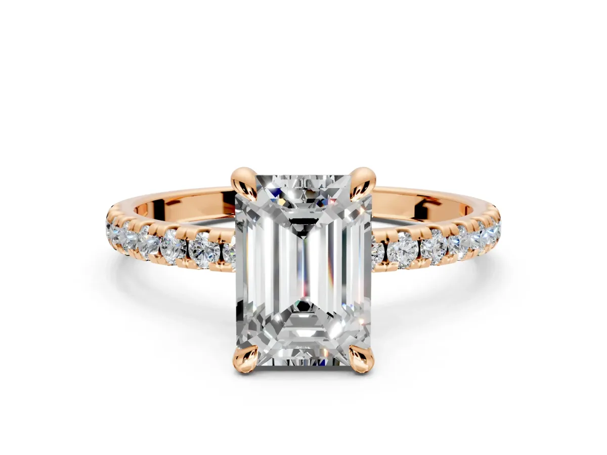 Solitaire Engagement Ring Setting for Emerald Cut Center with Fine Pave Narrow Band and Prong Head in Rose Gold