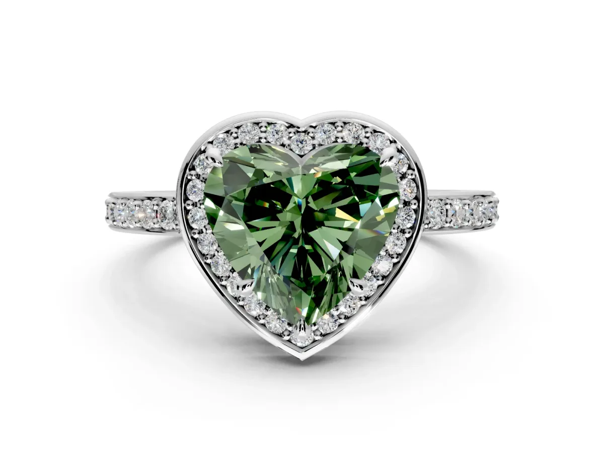 Halo Engagement Ring Setting for Fancy Green Heart-Shaped Center with Metal-Rimmed Halo, Pave Band and Prong Head in Platinum